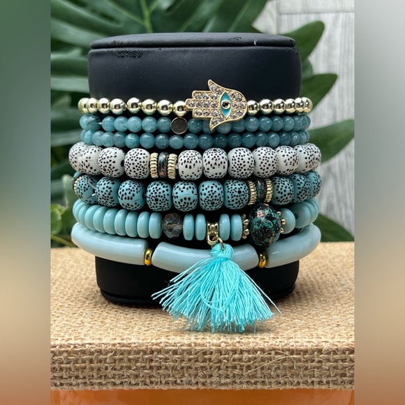 Blue Boho Chic Bead Bracelet Set - Trendy Stylish Stacked Bracelet Set - Picture 4 of 14